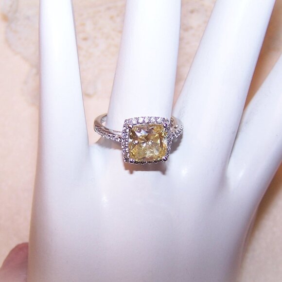 Sterling Silver Pale Yellow and Clear Cubic Zirconia CZ Engagement Ring - Size 6 - Picture 1 of 7